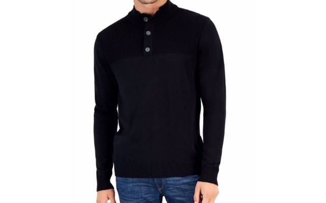  Men’s Button Mock Neck Sweater, Deep Black, 3XLRG