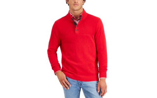  Men’s Button Mock Neck Sweater, Red, Medium