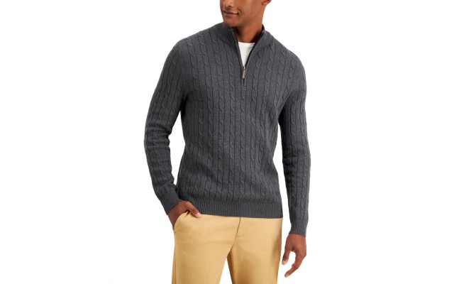 Club Room Men’s Cable Knit Quarter-Zip Cotton Sweater, Charcoal, XX-Large