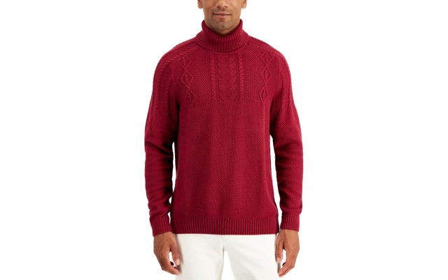  Men’s Chunky Cable Knit Turtleneck Sweater, Wine, XL