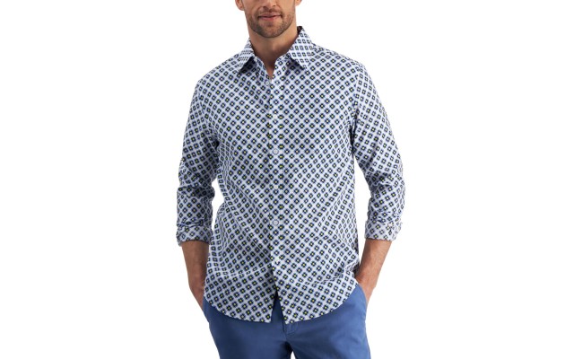 Club Room Mens Concho Tile-print Shirt Pale Ink Blue Small
