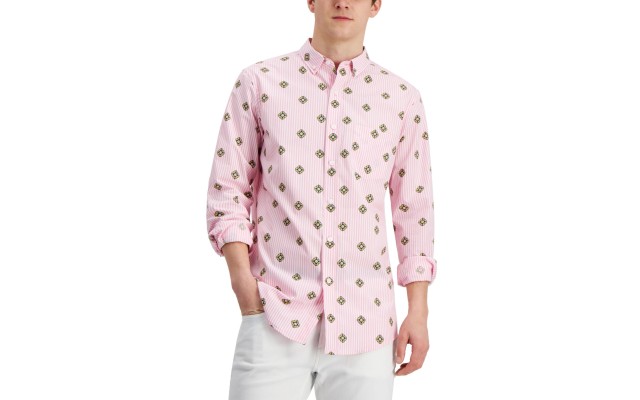 Club Room Mens Crest-print Shirt, Pink Sky, Small