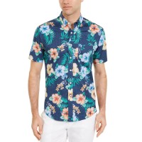 Club Room Men’s Dot Floral Tropical Print Short Sleeve Shirt, Navy Combo, Medium