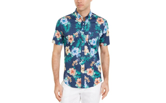  Men’s Dot Floral Tropical Print Short Sleeve Shirt, Navy Combo, Medium