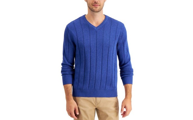  Mens Drop-Needle V-Neck Cotton Sweater, Large