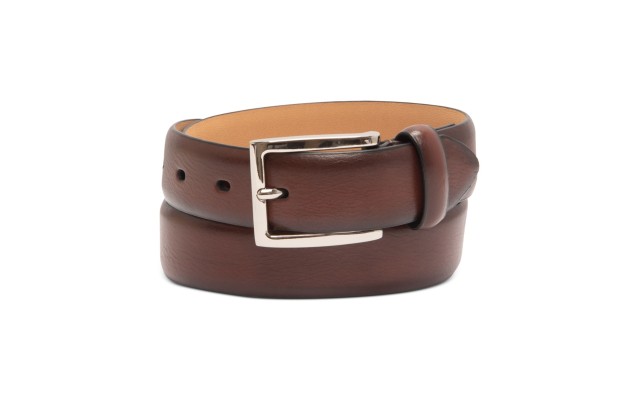  Mens Faux Leather Burnished Dress Belt, Small, 30-32, Brown