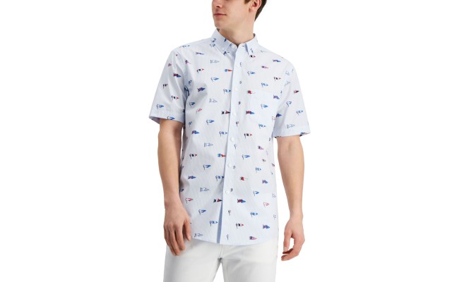  Men’s Flag-Print Shirt, Ink Blue, Small