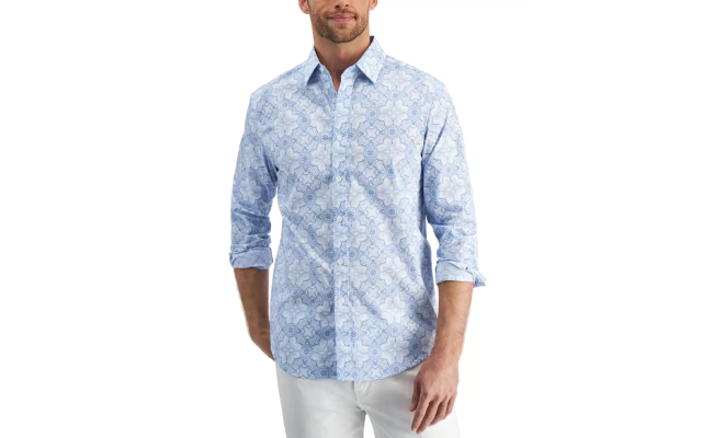 Club Room Mens Medallion-print Shirt Pale Ink Blue Small