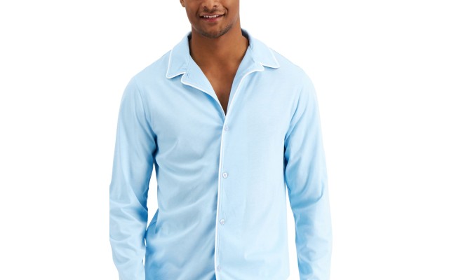  Mens Piped Pajama Shirts, Light Blue, Large