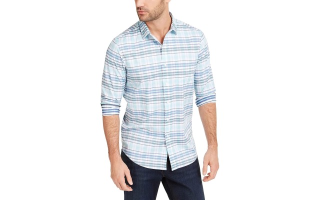 Mens Plaid Regua Button-Down Shirt Blue Medium