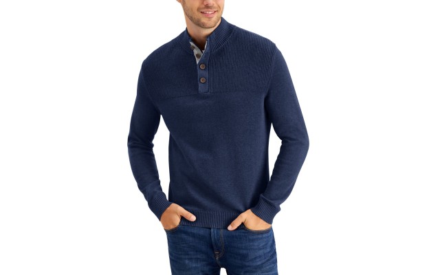  Men’s Ribbed Four-Button Sweaters, Navy, Medium