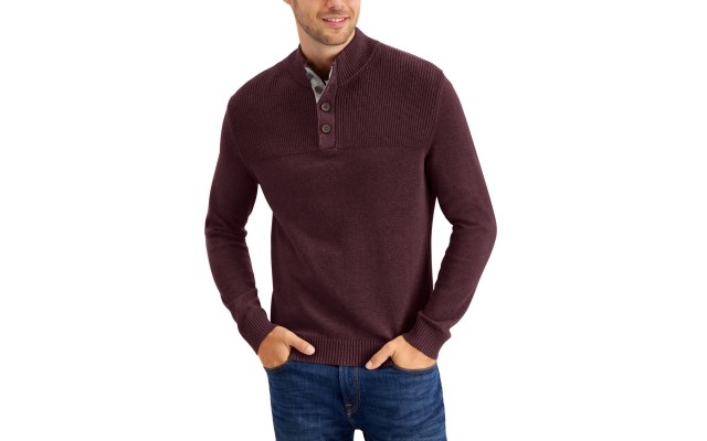  Men’s Ribbed Four-Button Sweaters, wine, Small