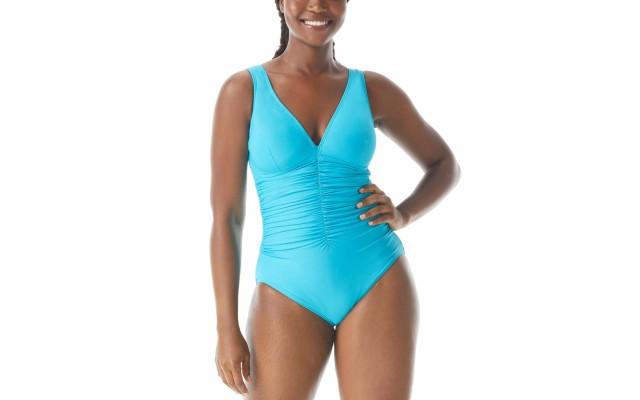  Contours Solitare V-Neck Underwire One-Piece Swimsuit, 36D, Aqua
