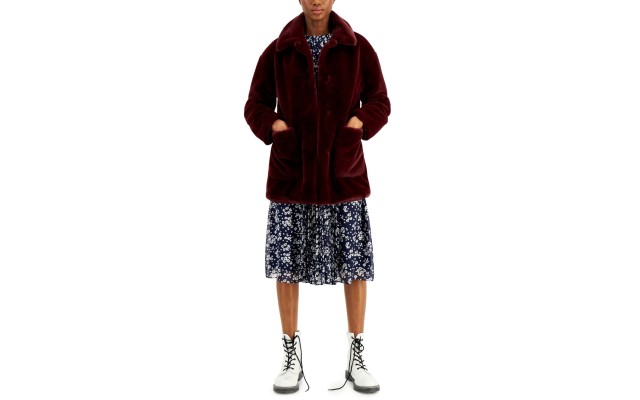  Juniors Leopard Faux-fur Coat, Dark Wİne, XLarge