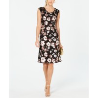 Connected Women’s Petite Draped-Neckline Floral-Print Dress, Black, 14P