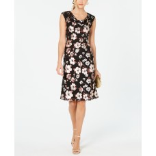 Connected Women’s Petite Draped-Neckline Floral-Print Dress, Black, 14P
