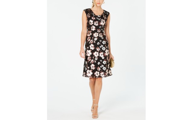  Women’s Petite Draped-Neckline Floral-Print Dress, Black, 14P