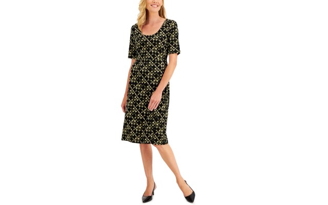  Womens Petite Printed Midi Dress, Green/4P