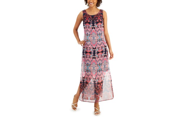  Womens Printed Chiffon Maxi Dress, Pink, 10