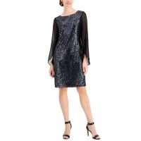 Connected Women’s Sequined Sheer-Sleeve Shimmer Dress, Black, 6