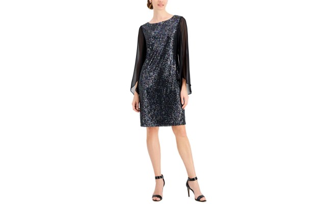  Women’s Sequined Sheer-Sleeve Shimmer Dress, Black, 6