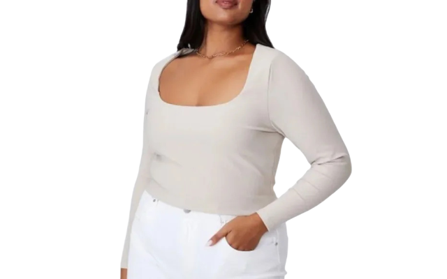  Curve Quinn Square Neck Long Sleeve Top, Taupe, 18