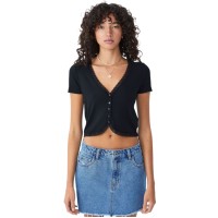 Cotton On Women’s Courtney Lace Trim Button Down Short Sleeve Top, Black, XS