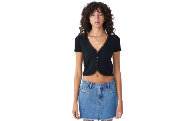  Women’s Courtney Lace Trim Button Down Short Sleeve Top, Black, XS