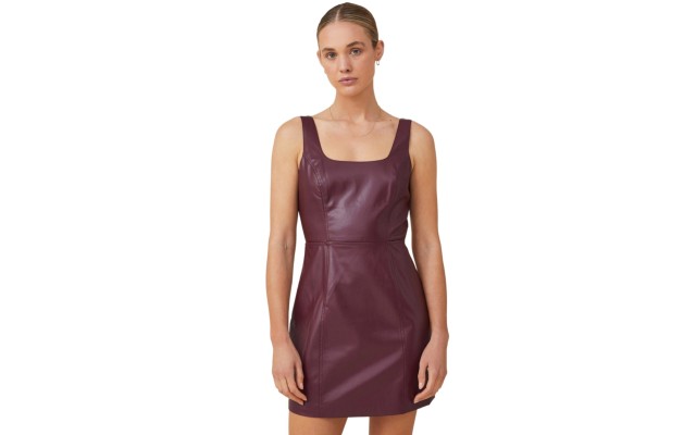  Women’s Faux Polyurethane Mini Shift Dress, Purple Brown, Medium