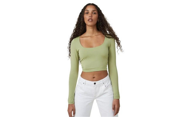  Women’s Sculpted Scoop Neck Long Sleeve Top, Green, Medium