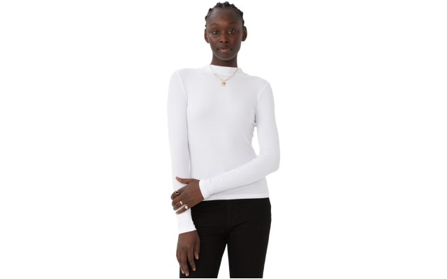  Women’s Staple Rib Mock Neck Long Sleeve Top, White, Large