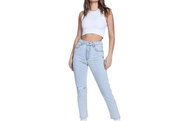  Women’s Stretch Mom Jeans, Henley Blue Rip, 2