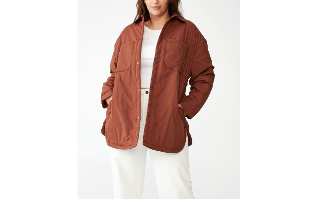 ,Trendy Plus Size Puffer Shacket Jacket, Brown, 12-14