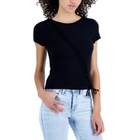 Crave Fame Juniors’ Asymmetric Lace-Up Top, Black, Medium