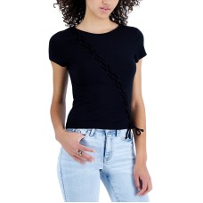 Crave Fame Juniors’ Asymmetric Lace-Up Top, Black, Medium