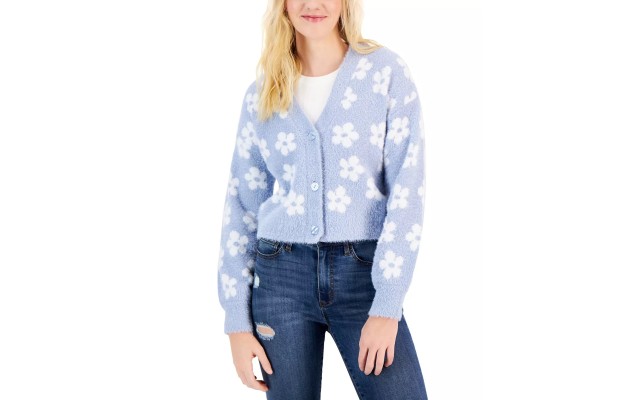  Juniors’ Balloon-Sleeve Eyelash Flower Cardigan, Light Blue Combo, XS
