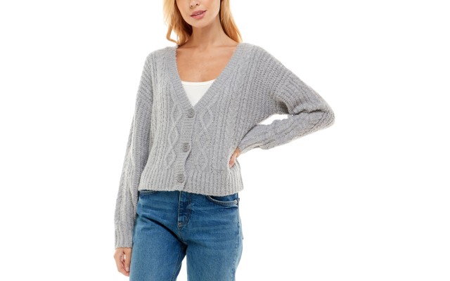  Juniors’ Cable-Knit Cardigan (Grey, X-Large)
