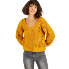 Crave Fame Juniors’ Chenille Pointelle Sweater, Apricot, Small