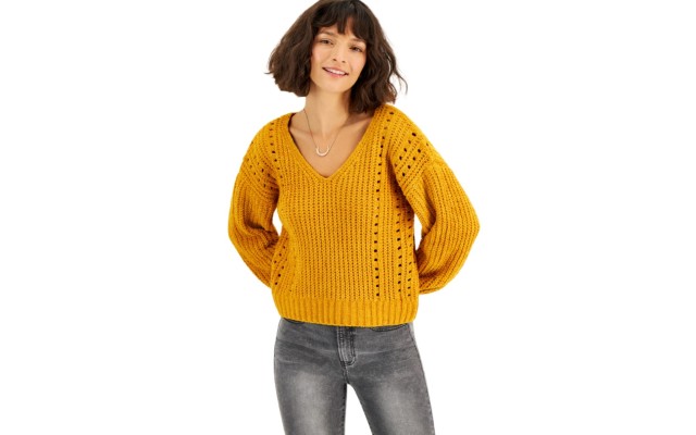  Juniors’ Chenille Pointelle Sweater, Apricot, Small