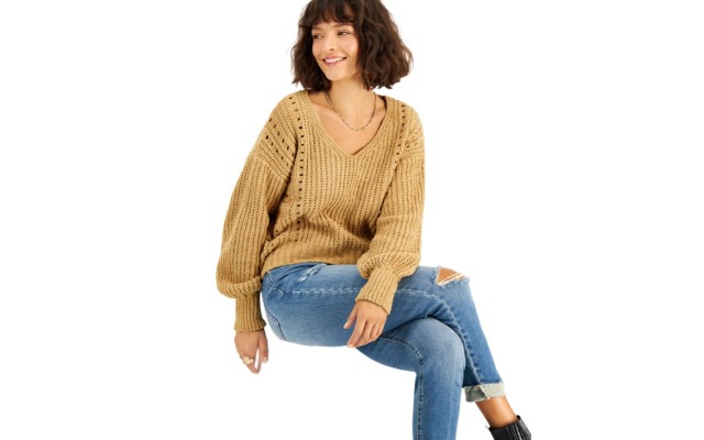  Juniors’ Chenille Pointelle Sweater, Gold, XS