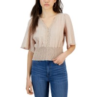 Crave Fame Juniors’ Crochet-Trim Tie-Back Top, Beige, Large