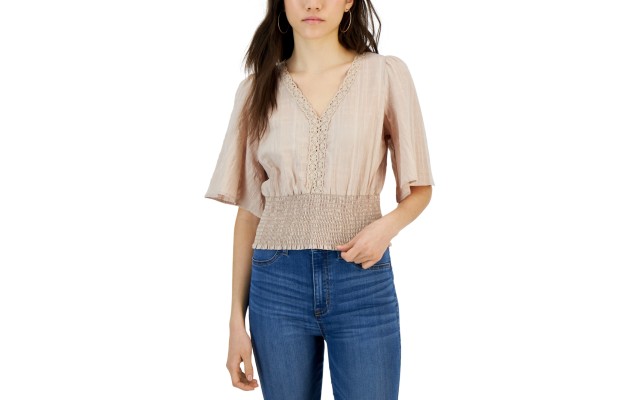  Juniors’ Crochet-Trim Tie-Back Top, Beige, Large
