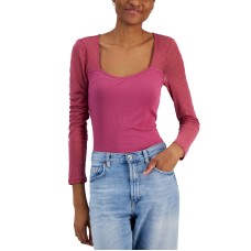 Crave Fame Juniors’ Flocked Illusion Mesh-Sleeve Top, Rose Berry, X-Large