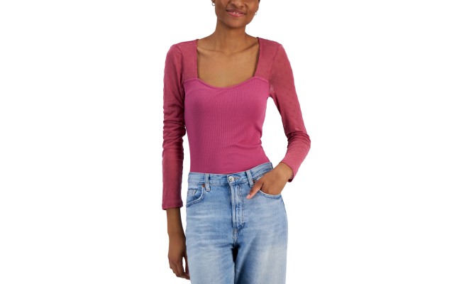  Juniors’ Flocked Illusion Mesh-Sleeve Top, Rose Berry, X-Large