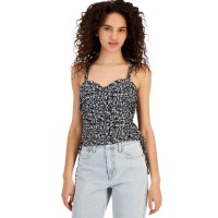 Crave Fame Juniors’ Floral-Print Ruched Tank Top, Black, Small