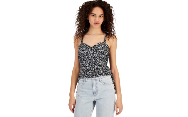  Juniors’ Floral-Print Ruched Tank Top, Black, Small