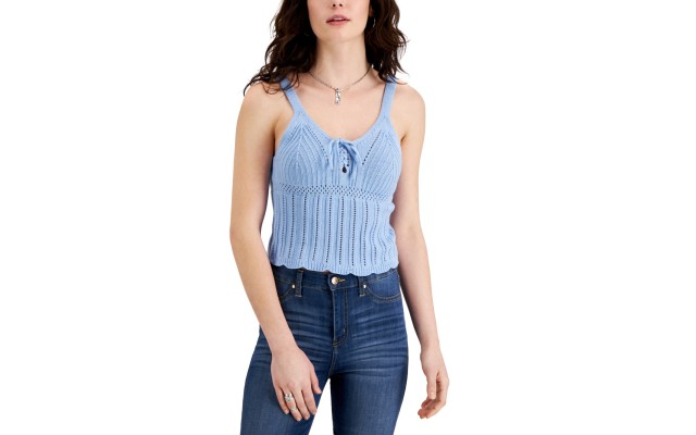  Juniors’ Lace-Up Sweater Top, Blue, Large