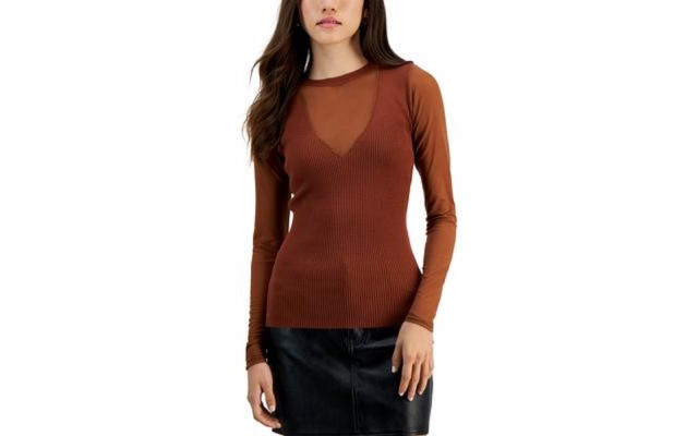  Juniors’ Mixed-Media Long-Sleeve Ribbed Sweater, Umber, Small