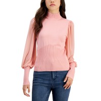 Crave Fame Juniors’ Mock Neck Mixed-Media Sweater, Pink, Medium