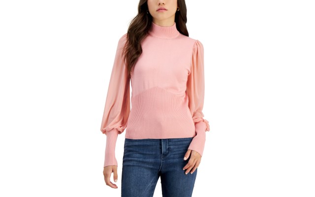  Juniors’ Mock Neck Mixed-Media Sweater, Pink, Medium